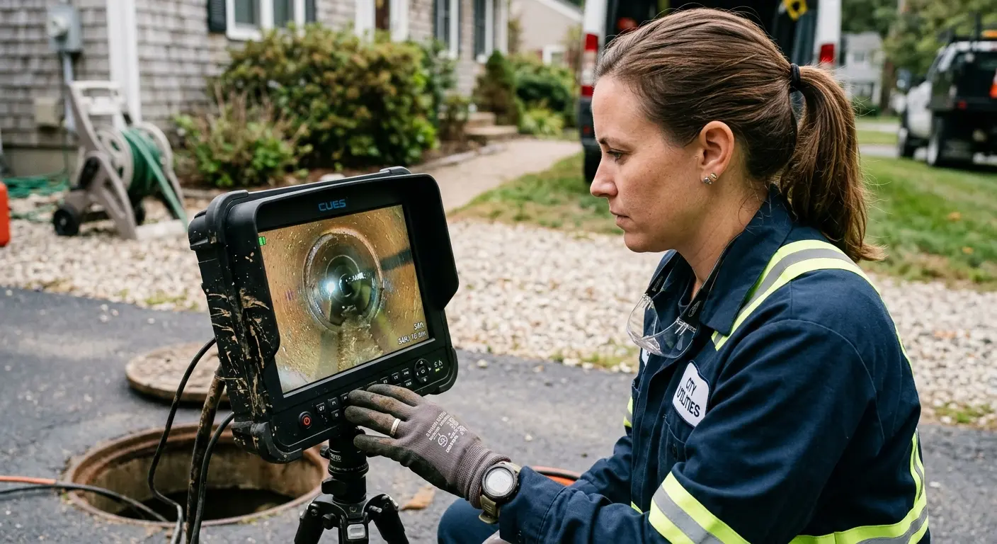 Technician reviewing sewer camera inspection footage in Hopkins