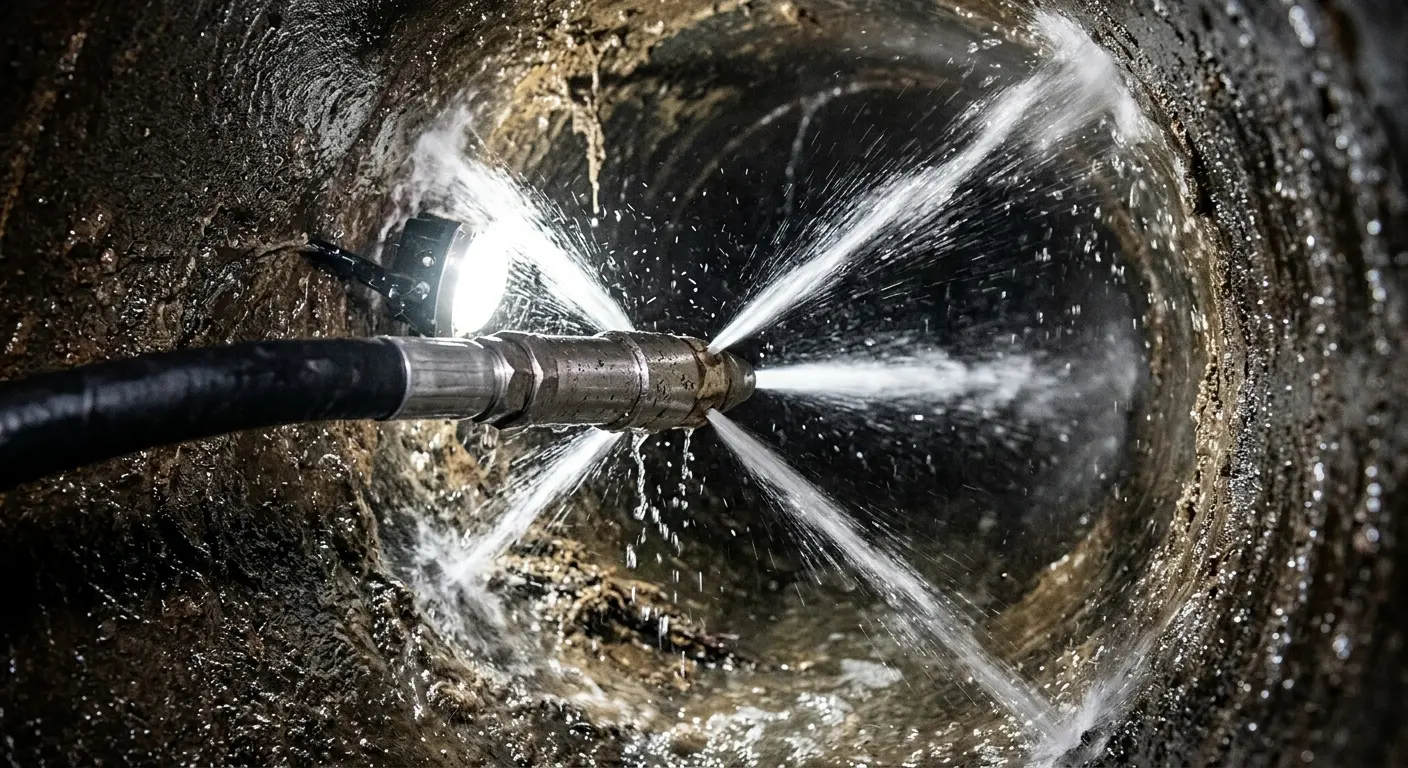 High-pressure hydro jetting nozzle cleaning sewer pipe for Emergency Drain Service in Hopkins