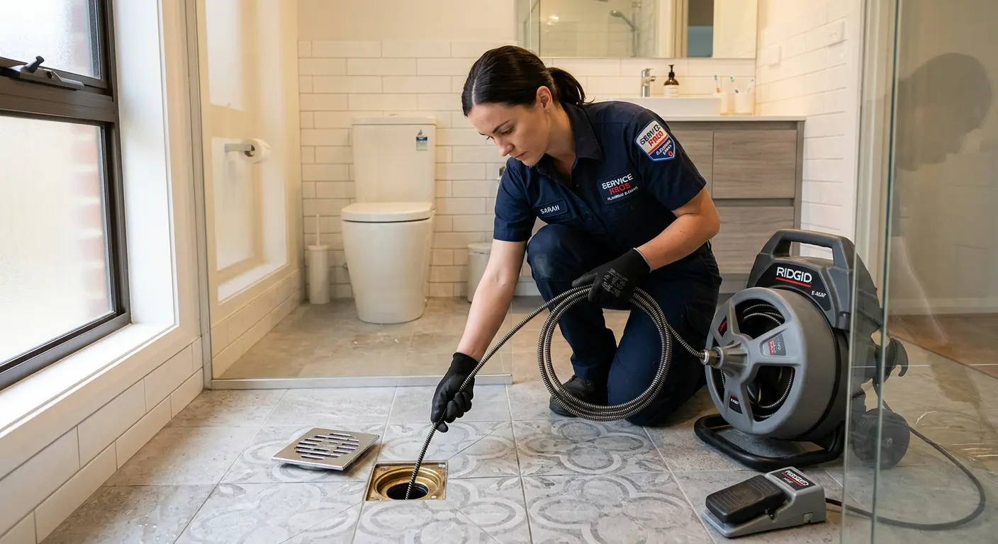 Technician clearing a bathroom floor drain for Sewer Line Replacement in Hopkins